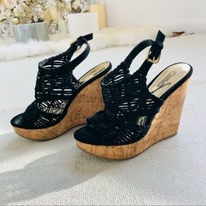 Black Woven Platform Sandal Cork Wedge
